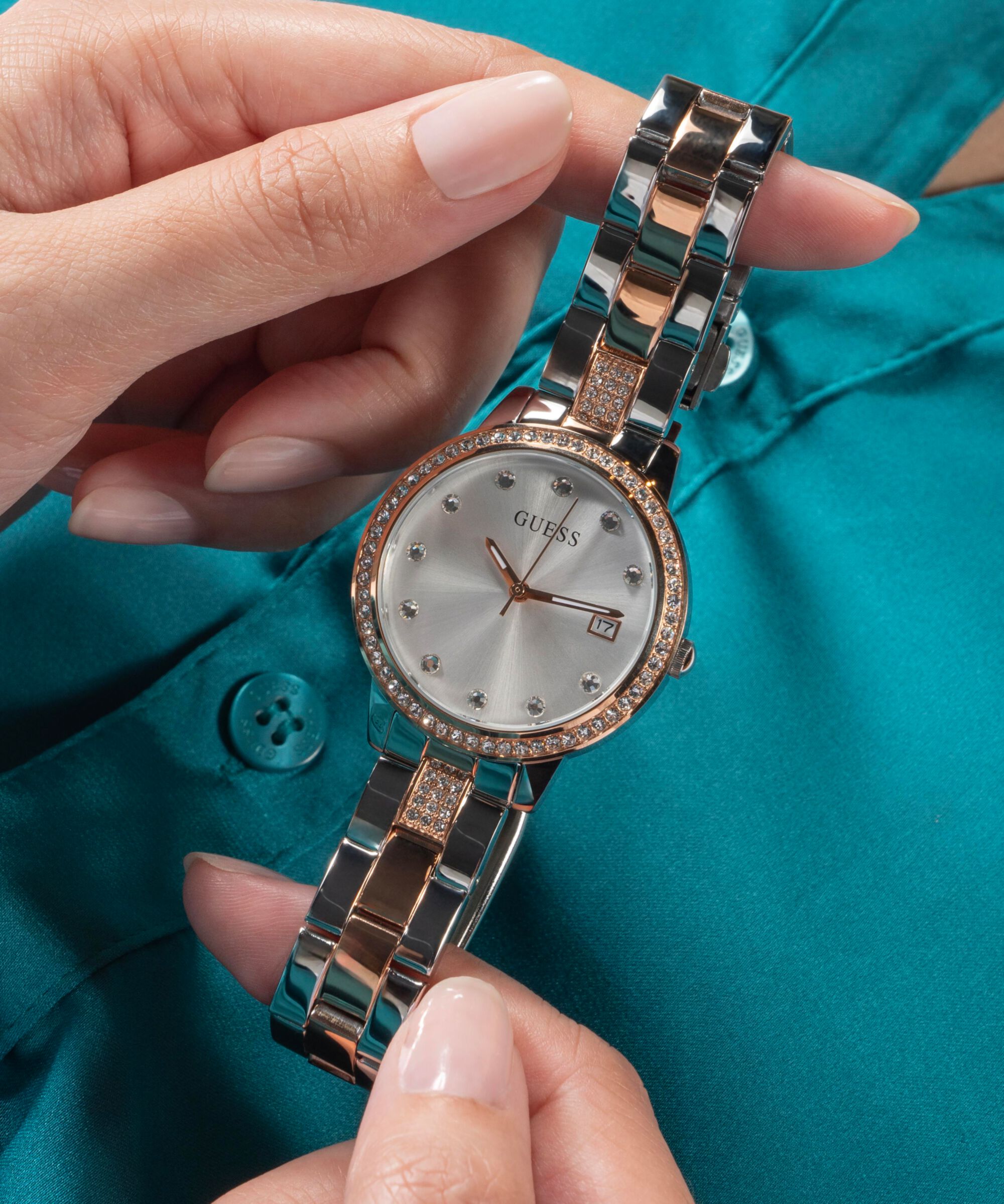 Shop GUESS Online 2 Tone Quartz Analog Recycled Steel Watch