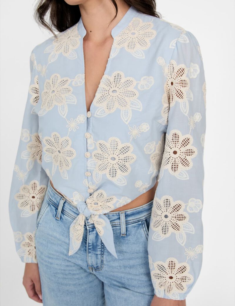 guess embroidered tie front blouse