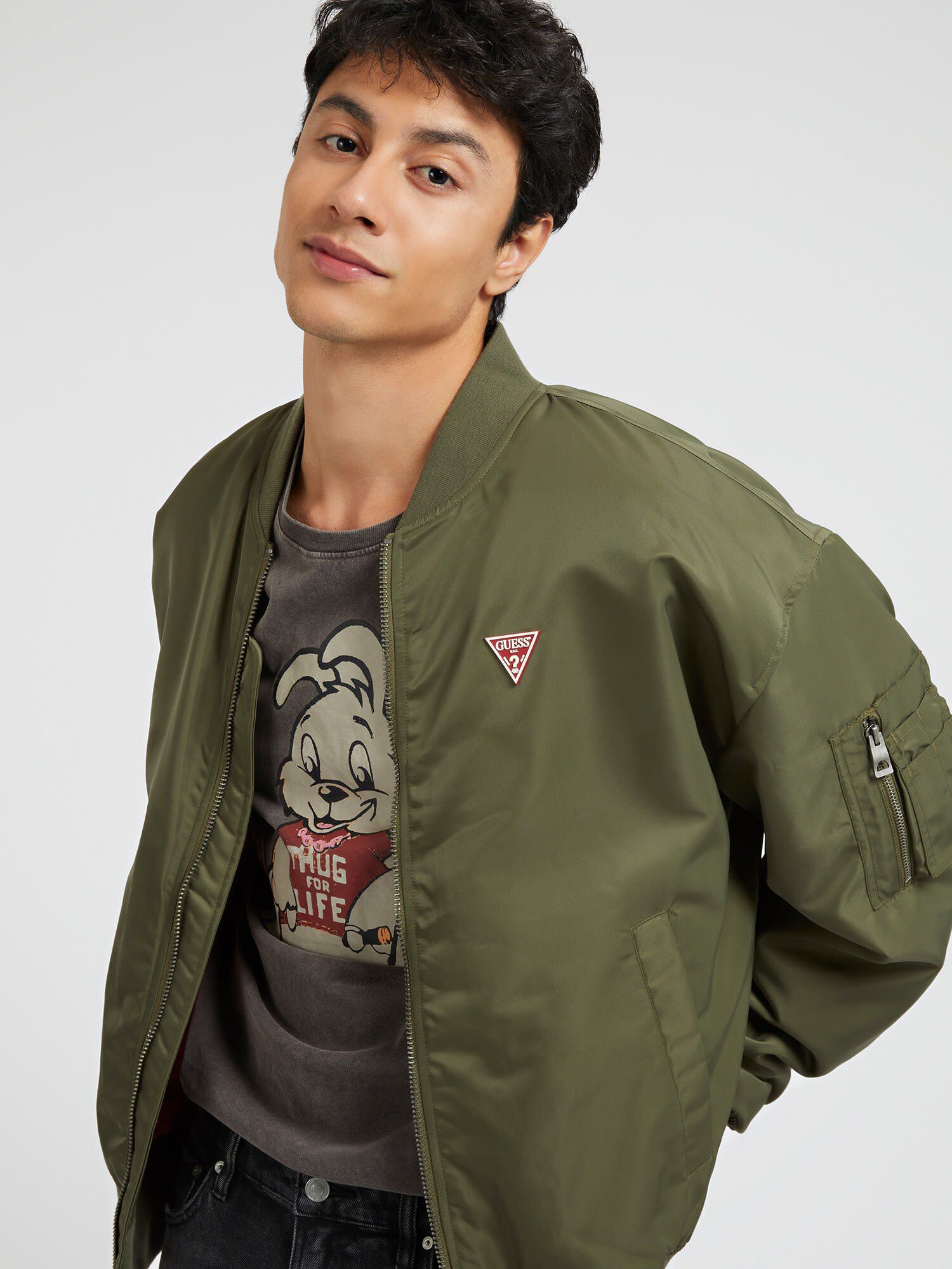 Guess green bomber jacket deals