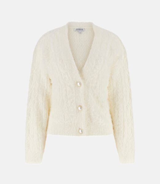 guess fuzzy cable knit cardigan