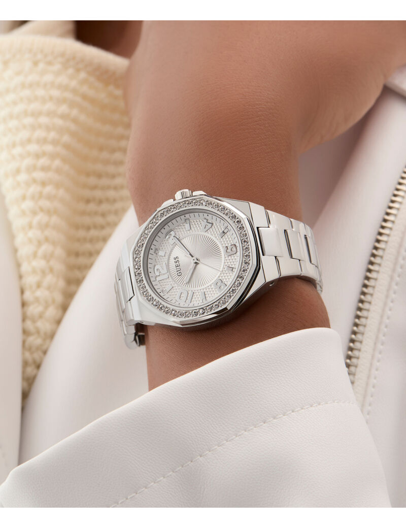 guess ladies silver tone analog watch