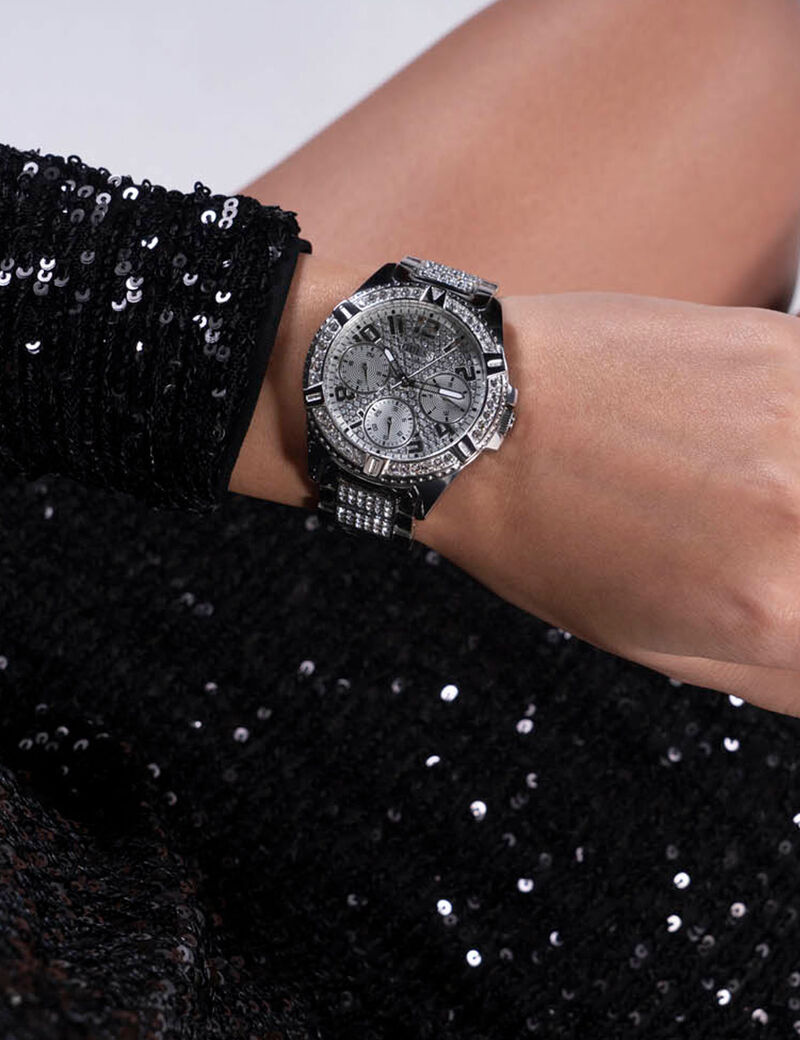 ساعة يد باللون الفضي متعددة الوظائف ومرصعة بأحجار الراين