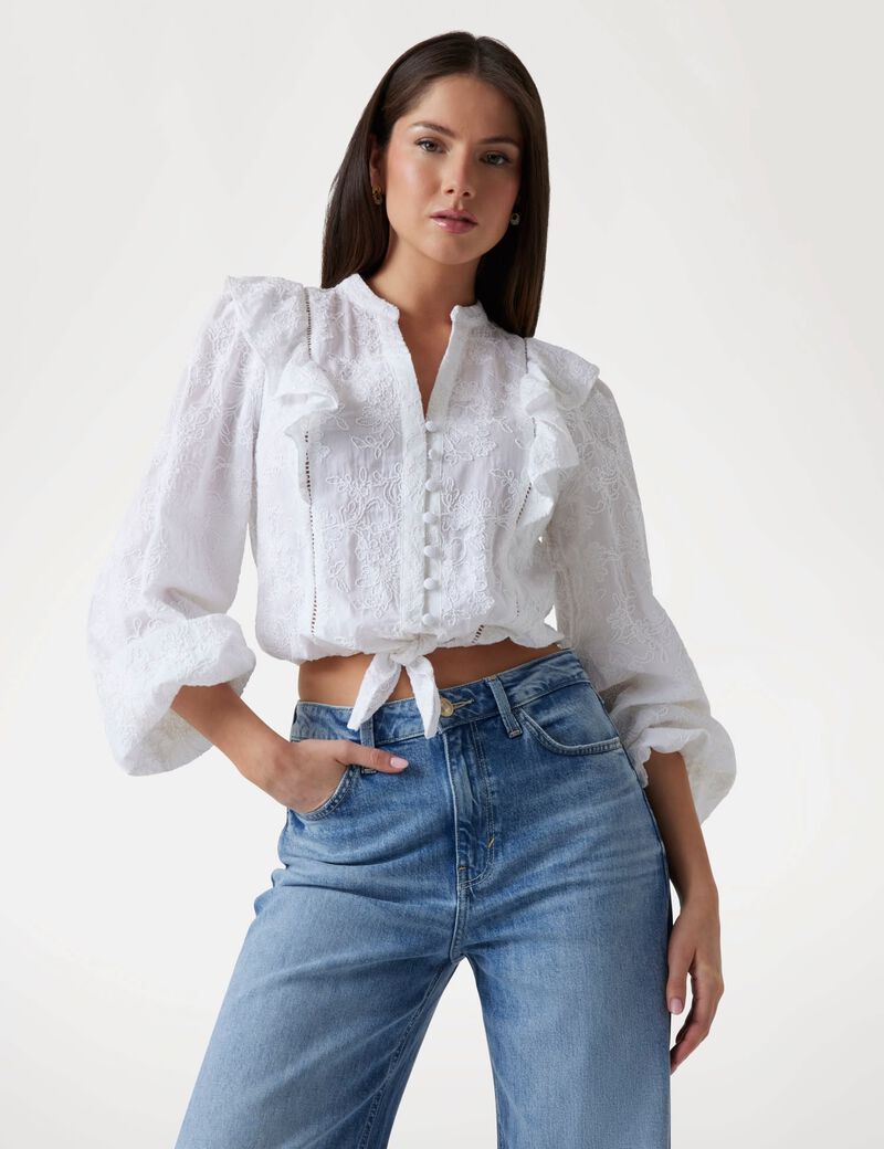 Embroidered tie-front blouse