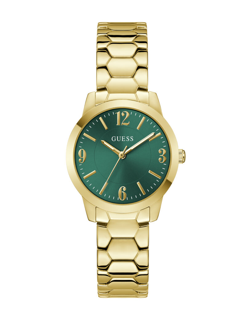 guess ladies yellow gold tone round analog watch