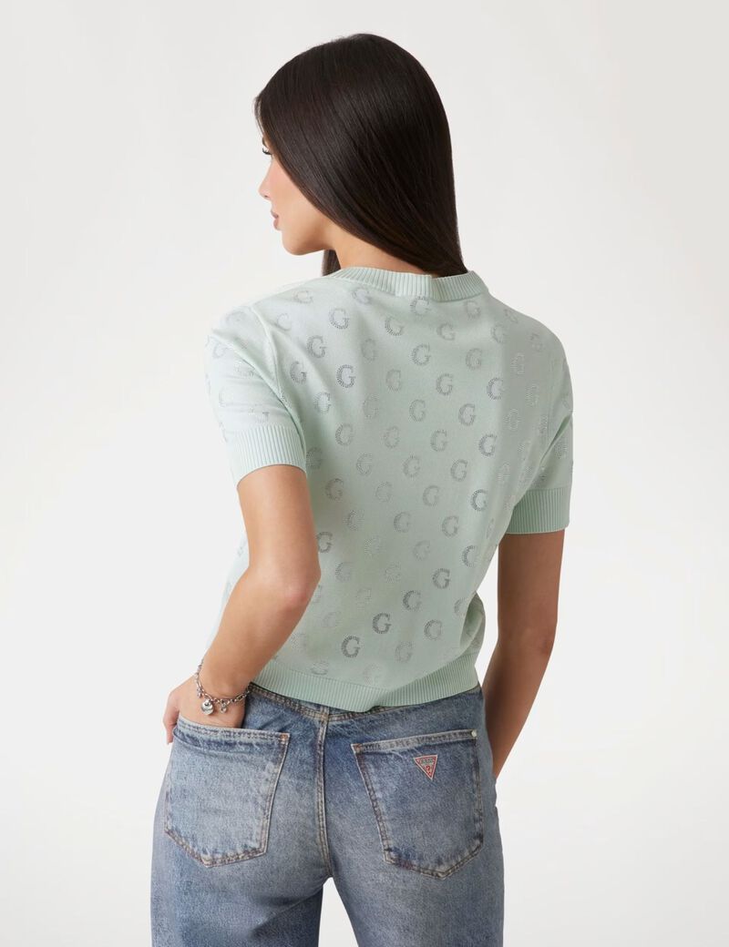 guess cropped rhinestone logo sweater