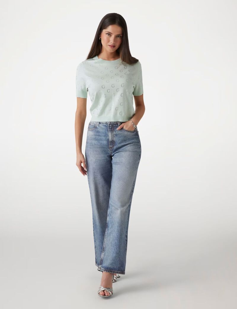 guess cropped rhinestone logo sweater