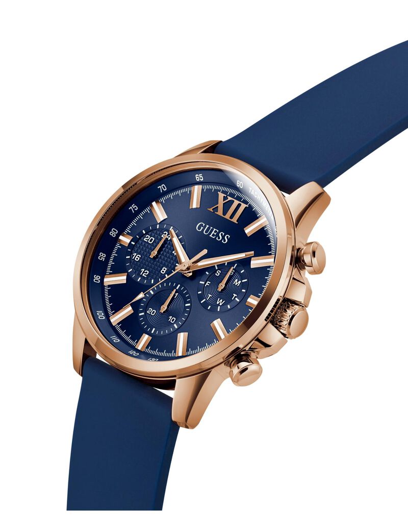 Mens Blue Rose Gold Tone Multi-function Watch