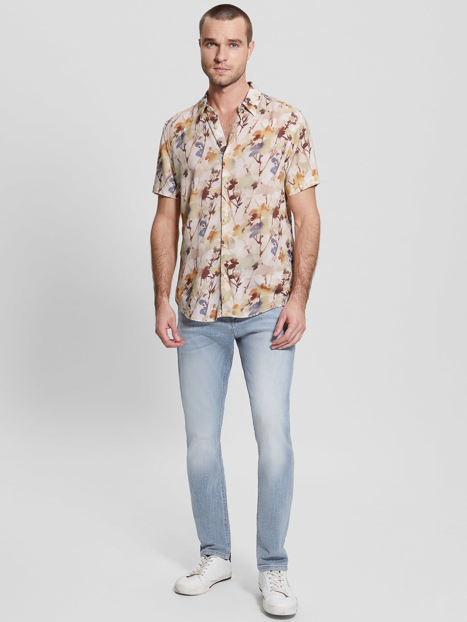 Printed shirt with jeans sales
