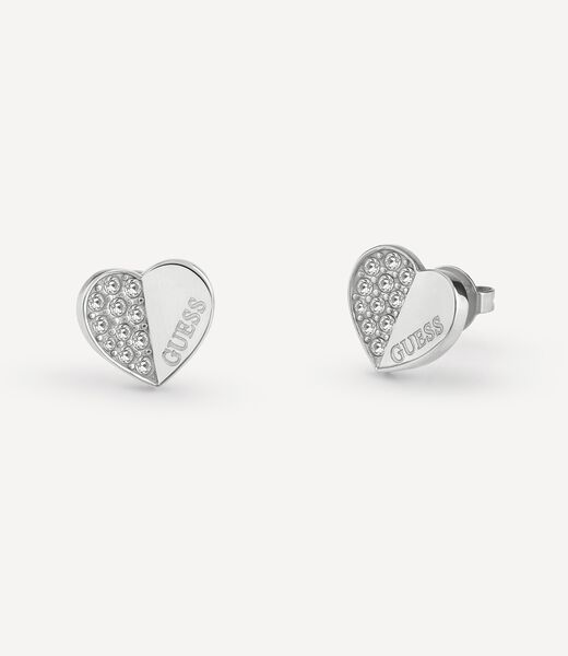 Guess Lovely Pave Heart Charm Silver Studs