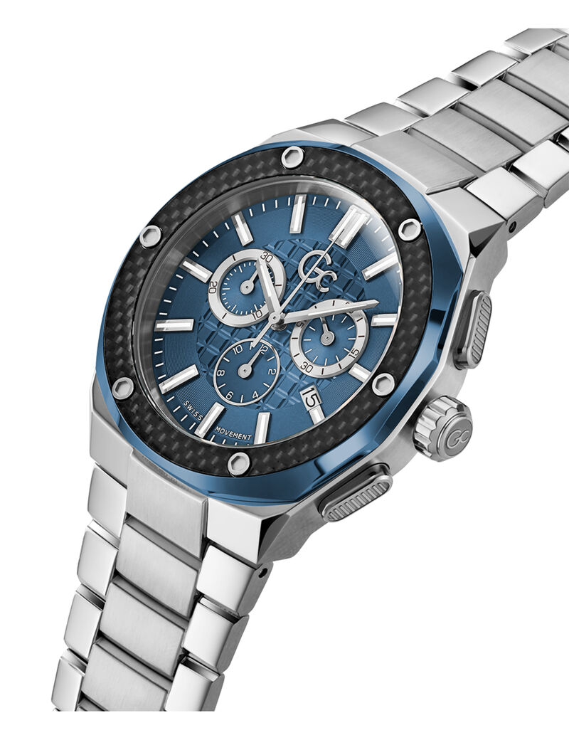 guess swiss mvt p b silver case   bclt blue pvd bezel blue dial chrono  42mm sapphire coated mineral glass