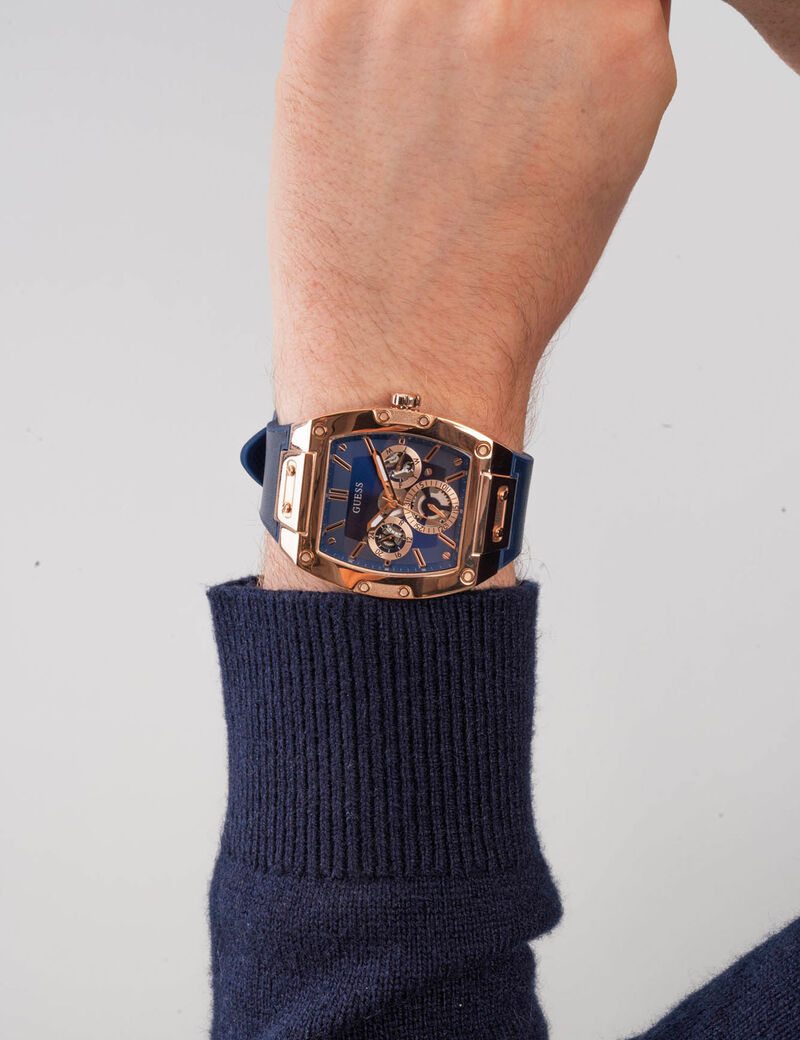 Rose Gold And Blue Rectangular Watch
