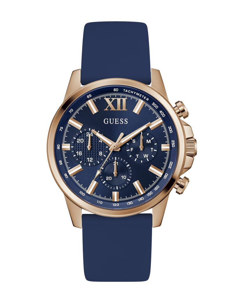 Mens Blue Rose Gold Tone Multi-function Watch