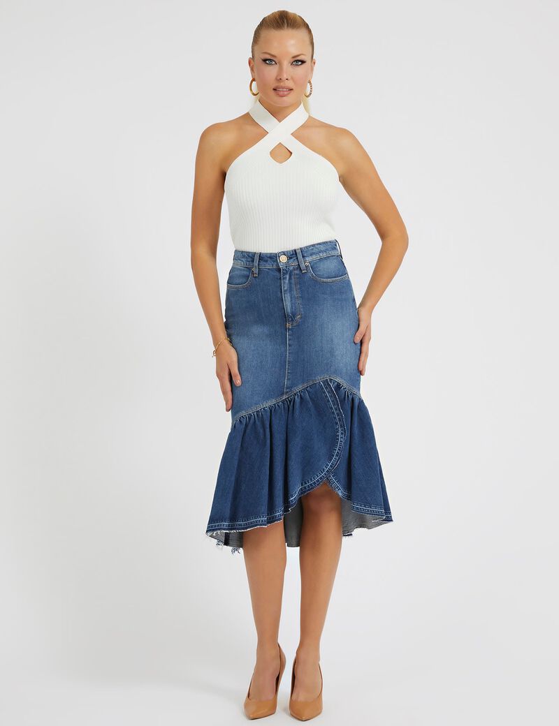 Shop GUESS Online Ruffled Denim Skirt
