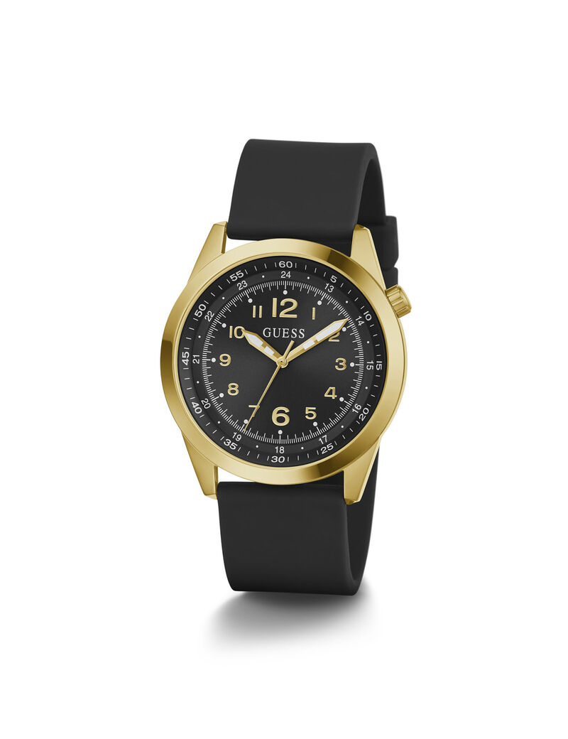 ساعة تناظرية باللونَين الذهبي والأسود