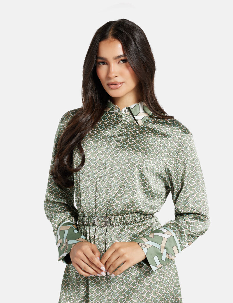 All-over logo satin mini shirt dress