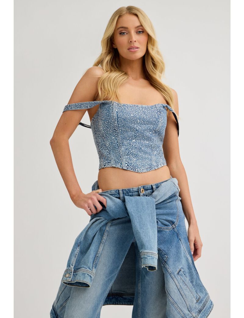 guess rhinestones denim corset