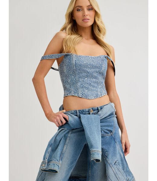 جيس rhinestones denim corset