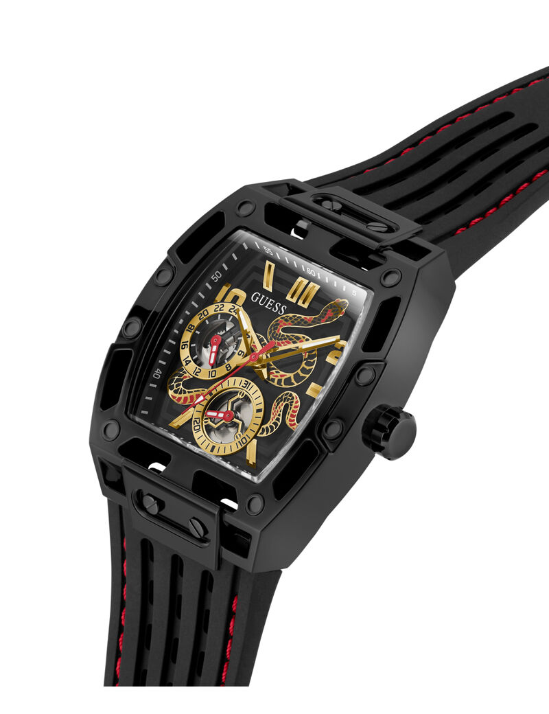 guess blk cs transparent black mf cut thru dial w snake detail blk silicone strp w red stitch