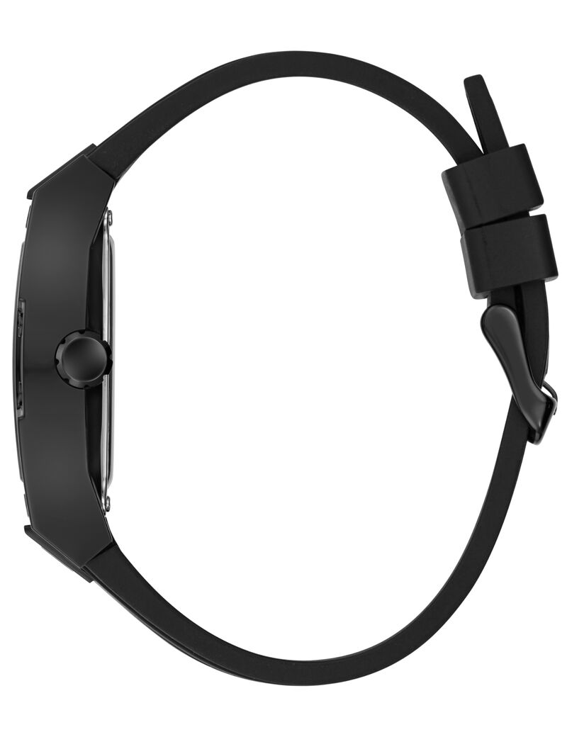 guess blk cs transparent black mf cut thru dial w snake detail blk silicone strp w red stitch