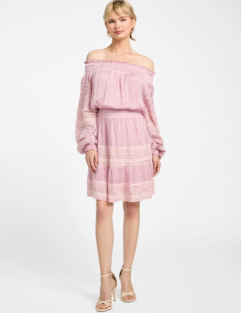 Silk-blend off-shoulder mini dress