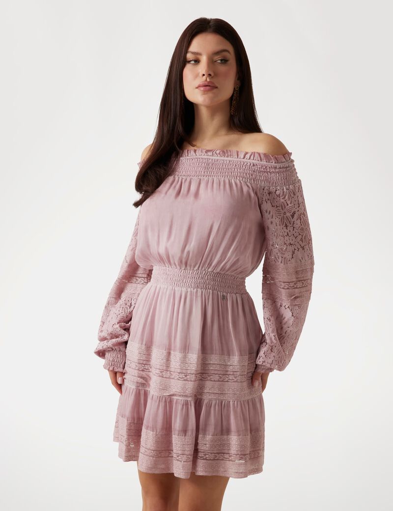 Silk-blend off-shoulder mini dress