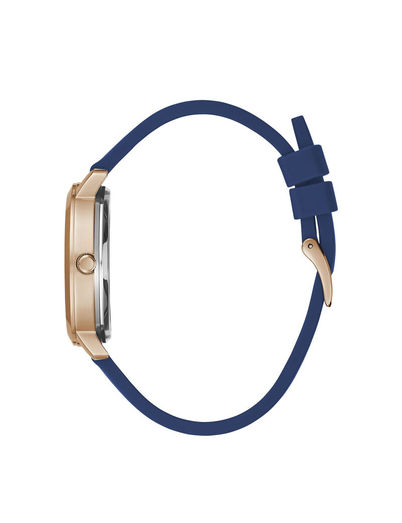 ساعة يد مزينة بالشعار وحبيبات براقة باللون الذهبي الوردي