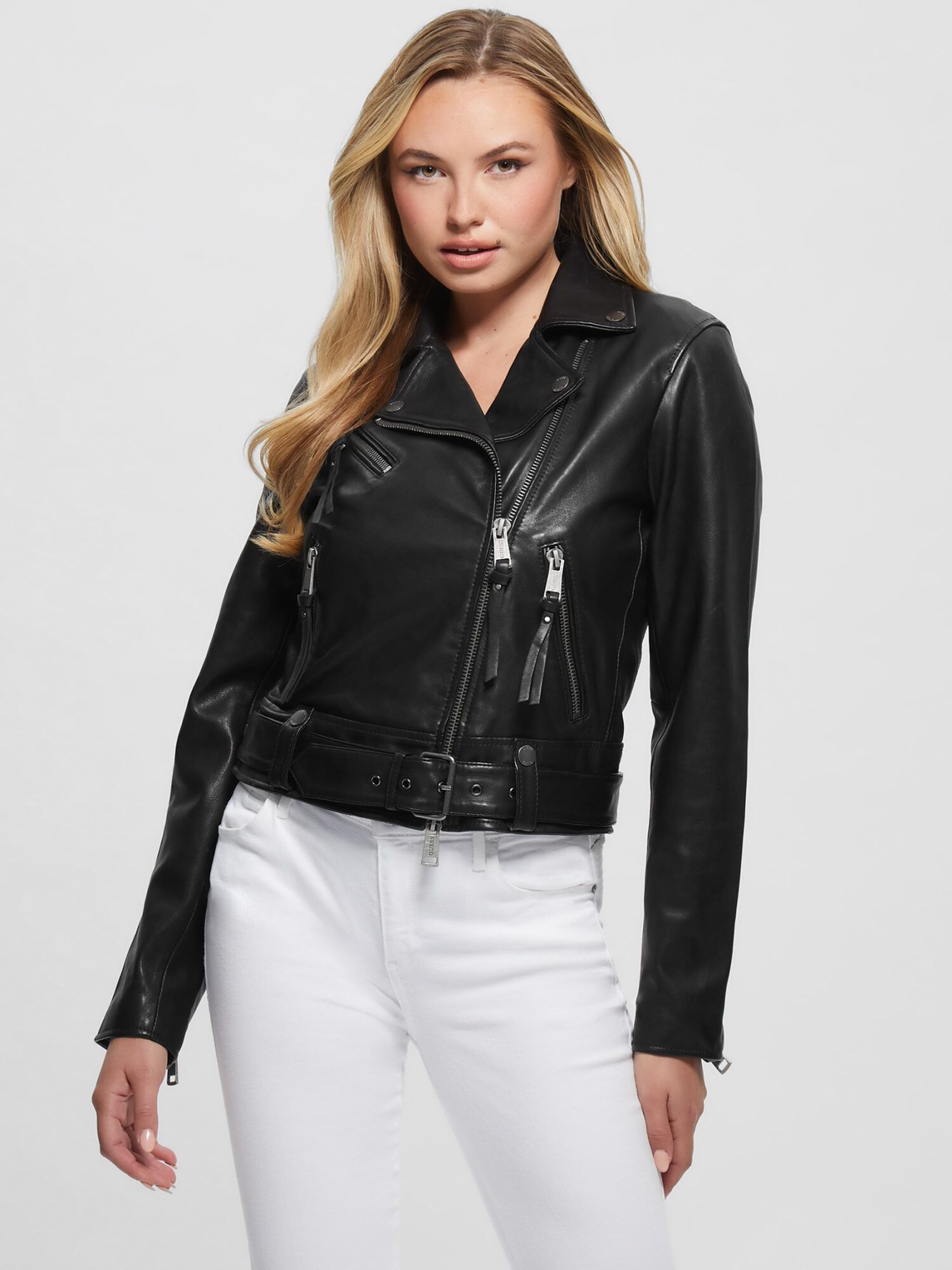 Guess cropped leather jacket cheap
