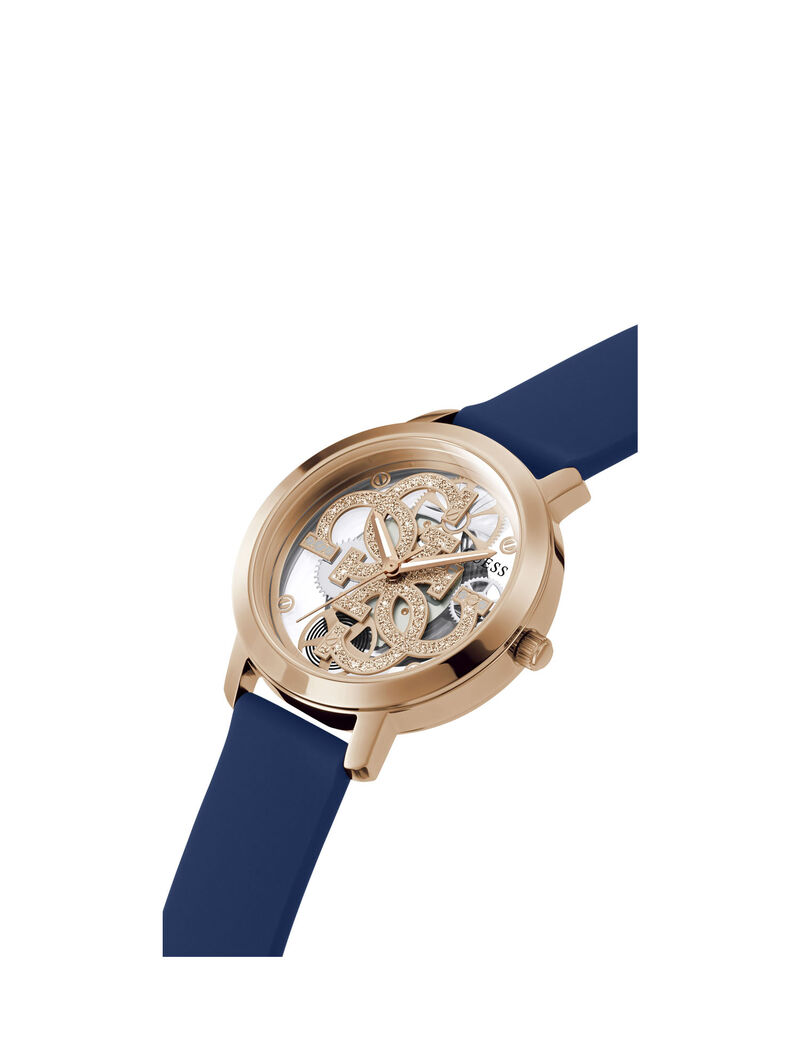 ساعة يد مزينة بالشعار وحبيبات براقة باللون الذهبي الوردي