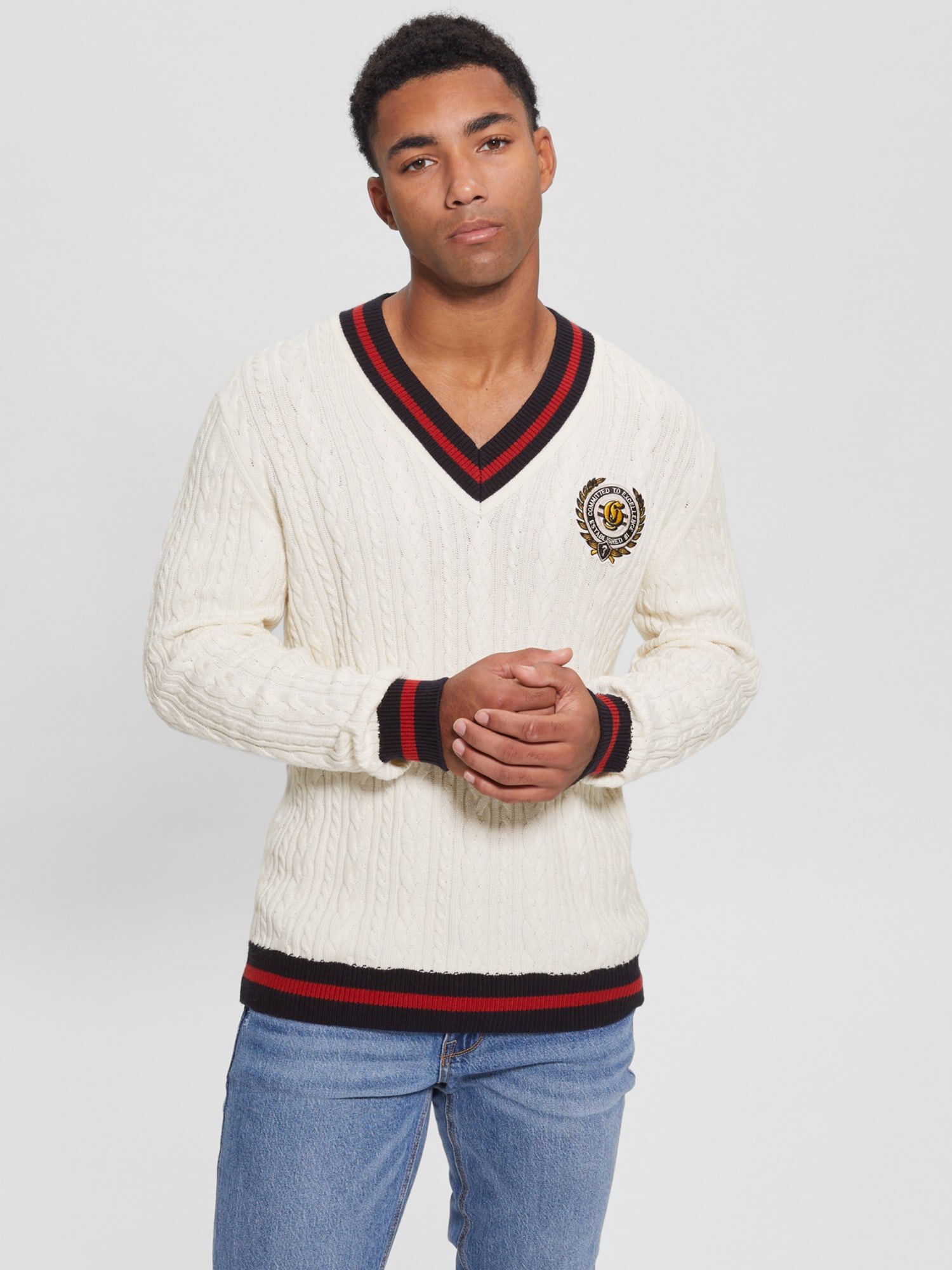 Shop GUESS Online Front Patch Cable Knit Sweater
