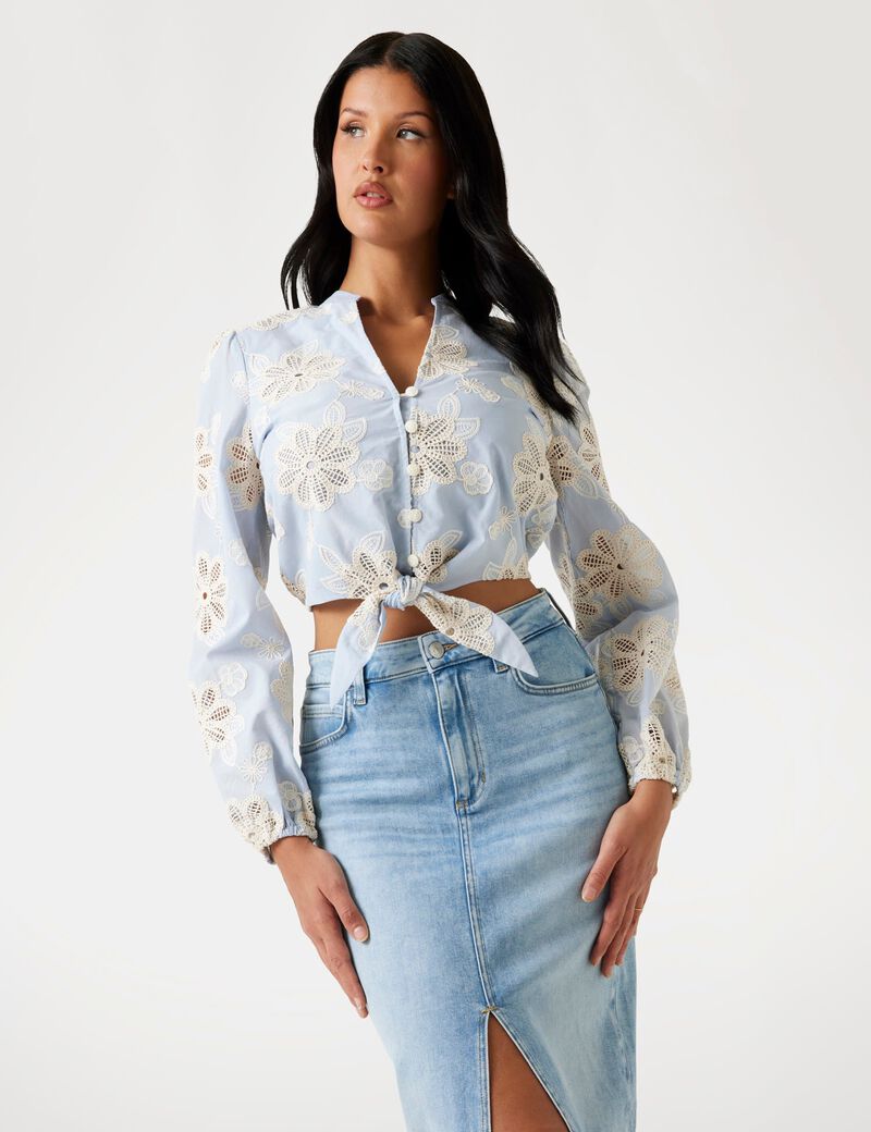 guess embroidered tie front blouse