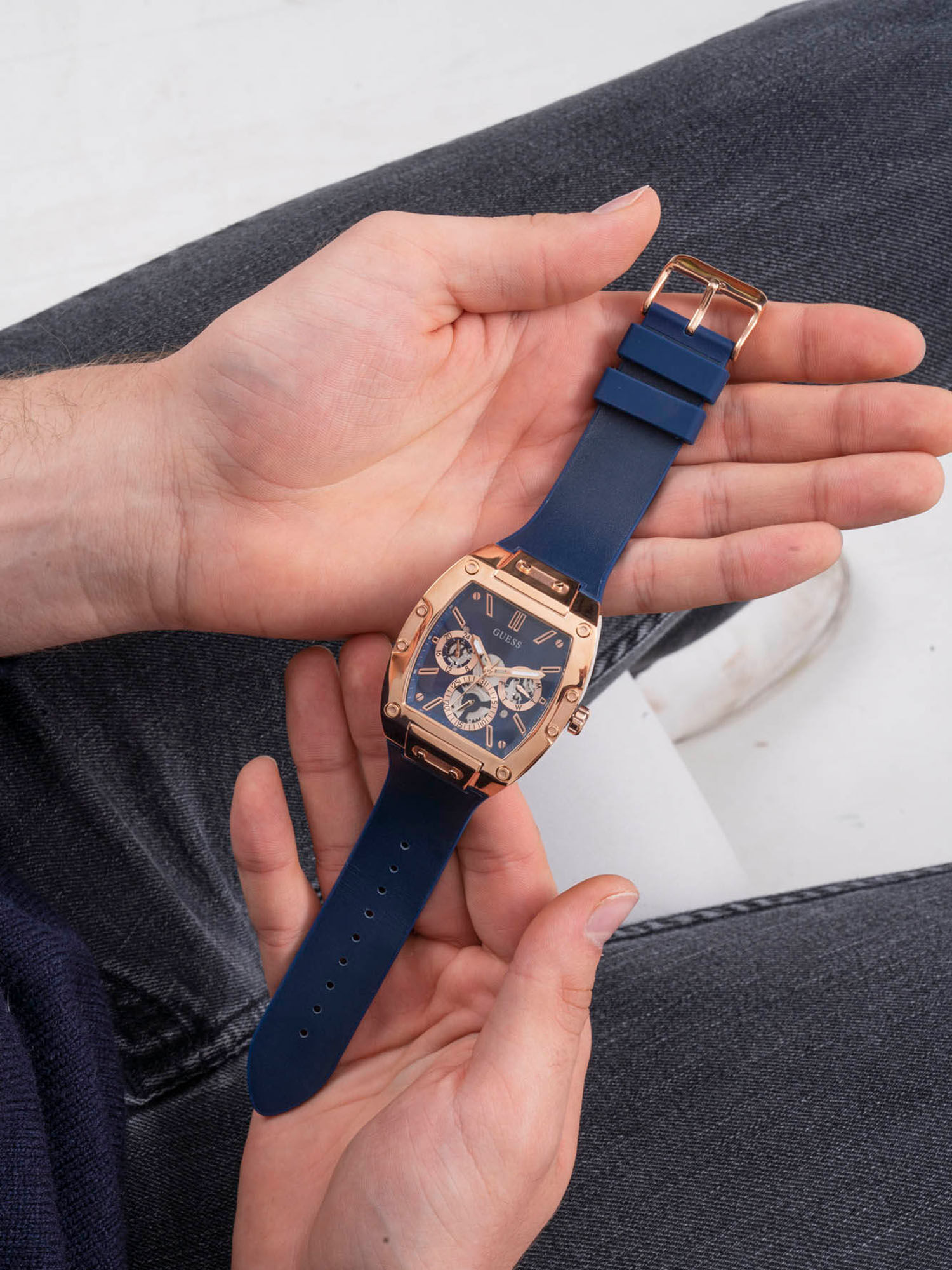 Shop GUESS Online Rose Gold And Blue Rectangular Watch