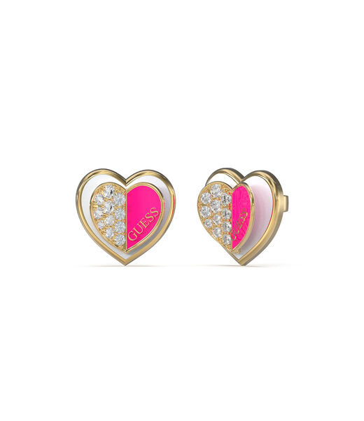 Guess Lovely Pave Double Heart Charm Fuxia Studs