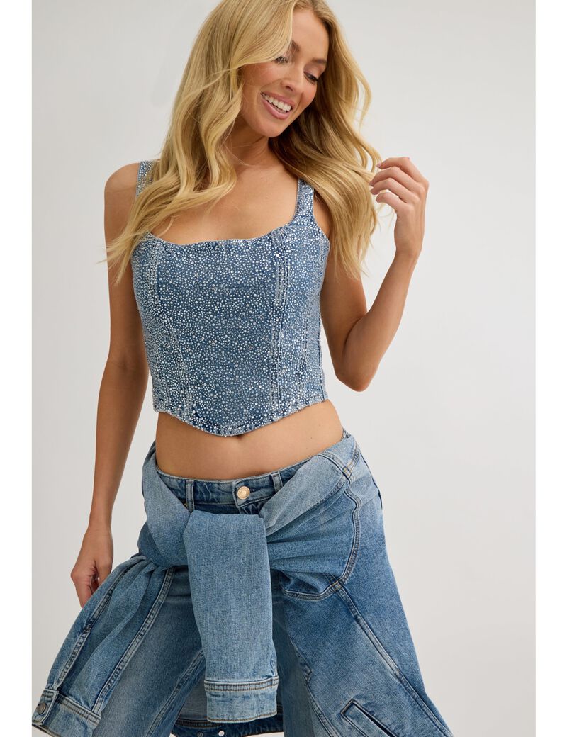 guess rhinestones denim corset