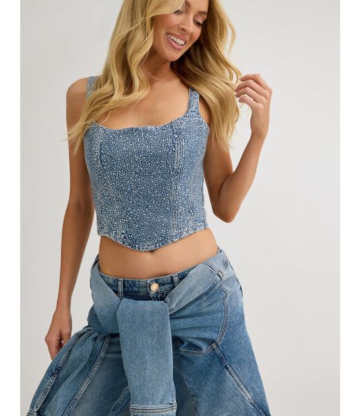 جيس rhinestones denim corset