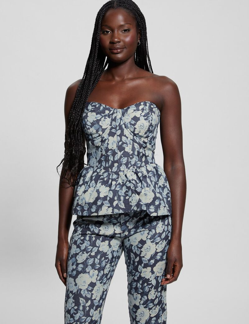 بلوزة من قماش الدنيم الجاكار المزهر