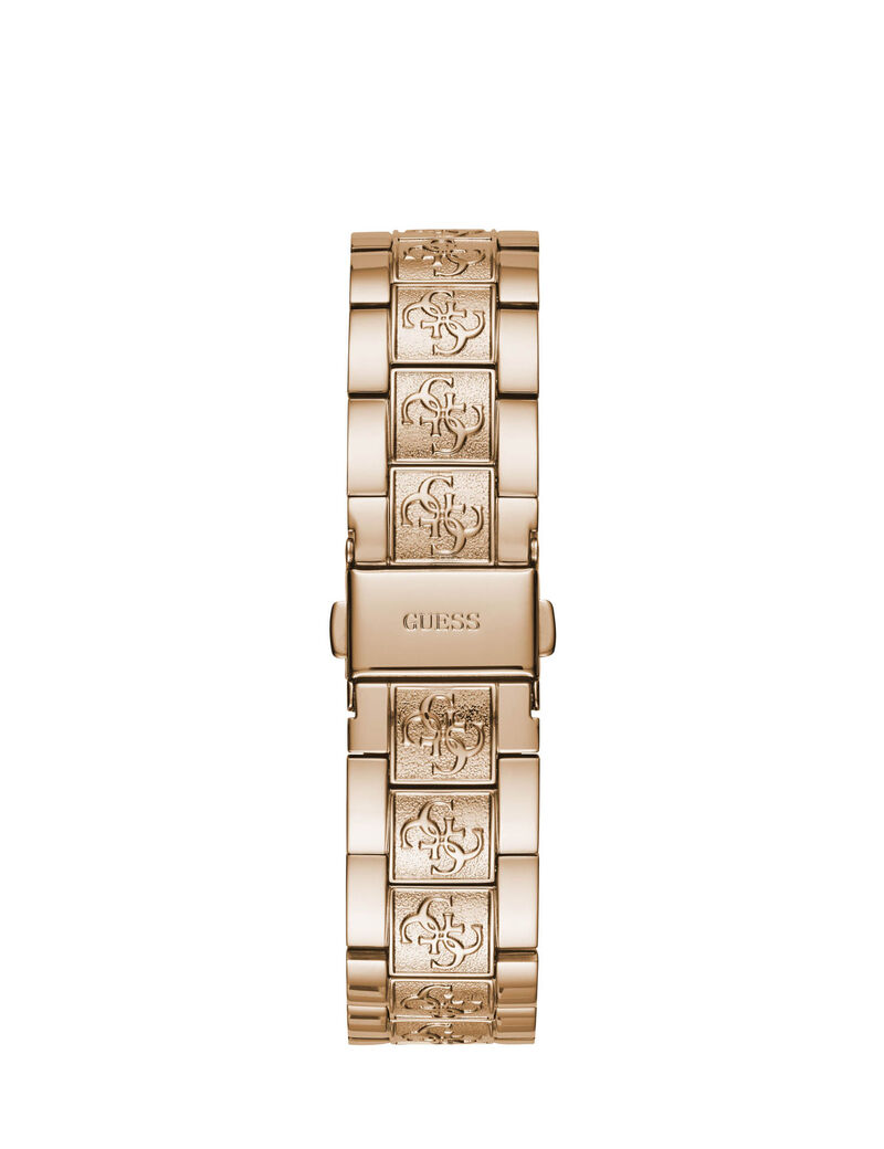 ساعة باللون الذهبي الوردي مُزينة بالشعار