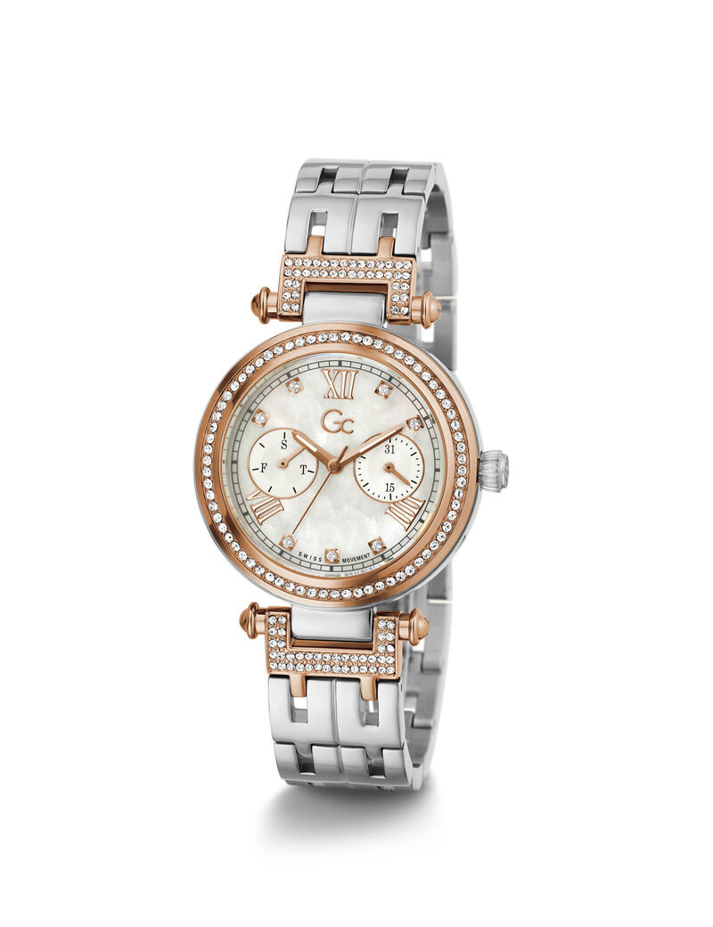 Gc Silver, Crystal And Rose Gold Watch