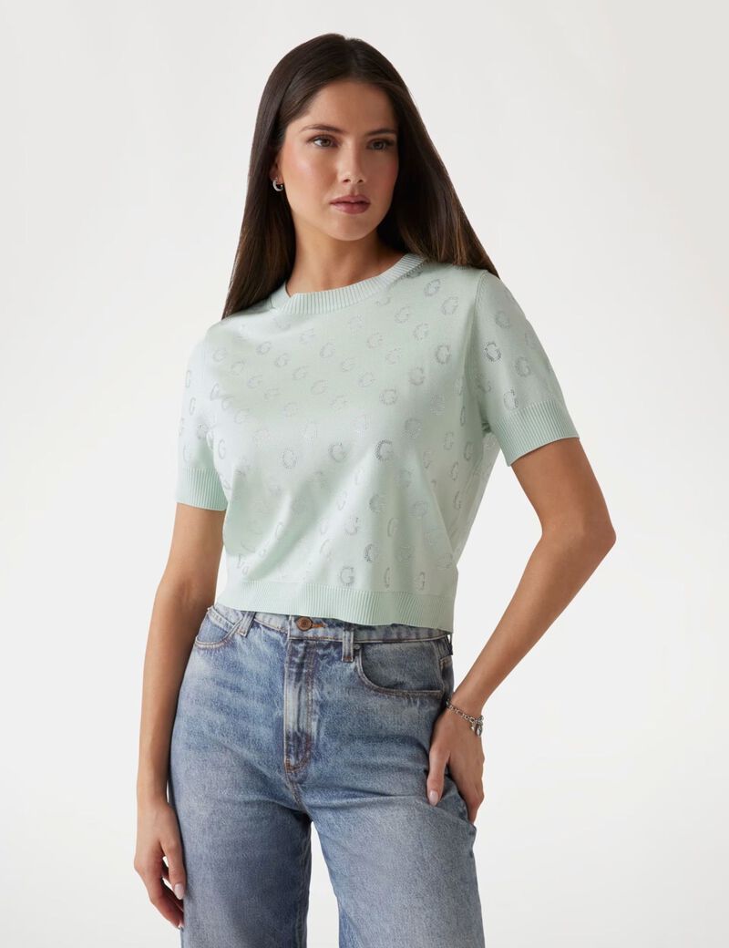 guess cropped rhinestone logo sweater