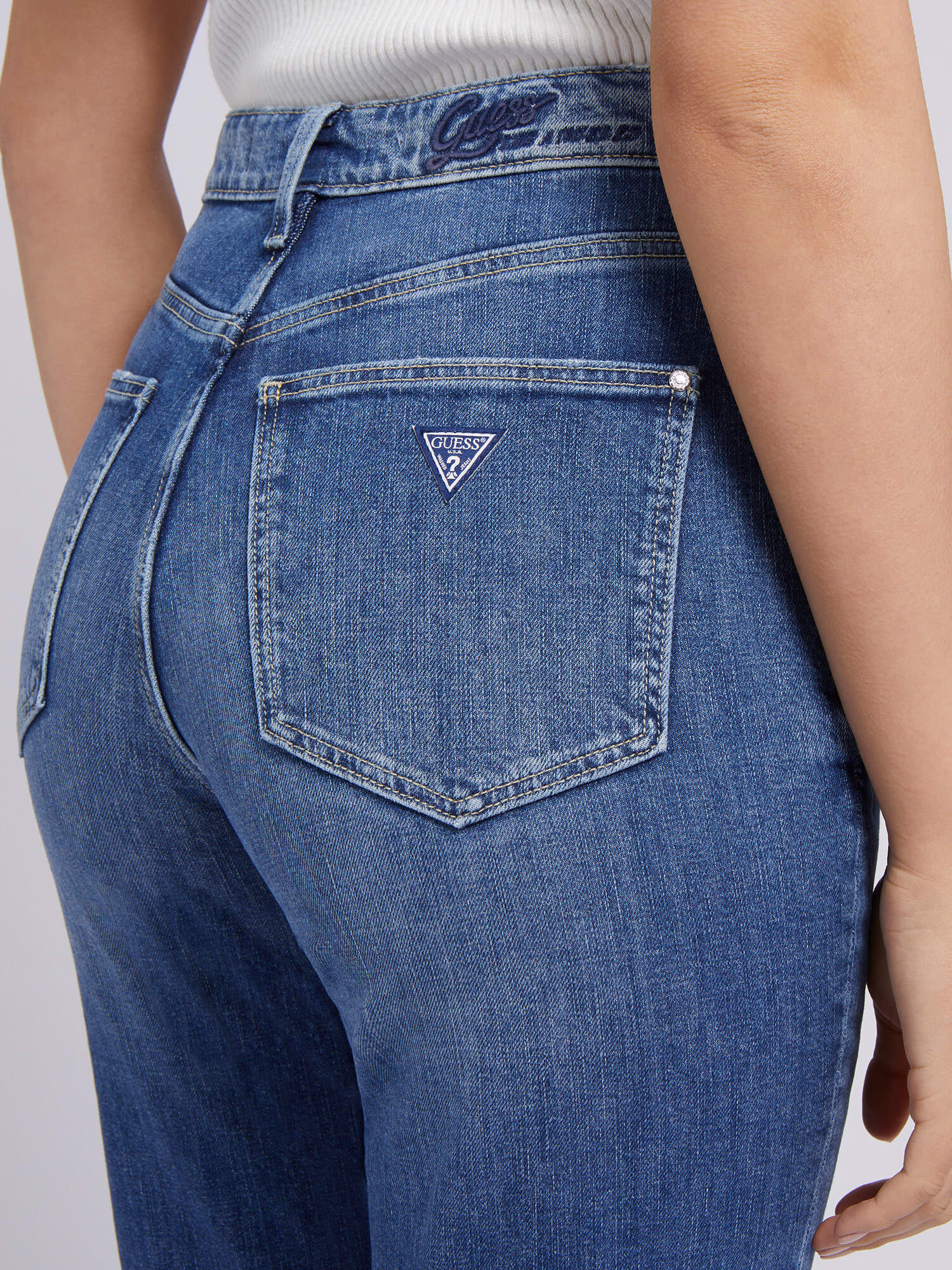 GUESS Girls' Stretch Denim Straight Pants – Rhinestone Logo With 5