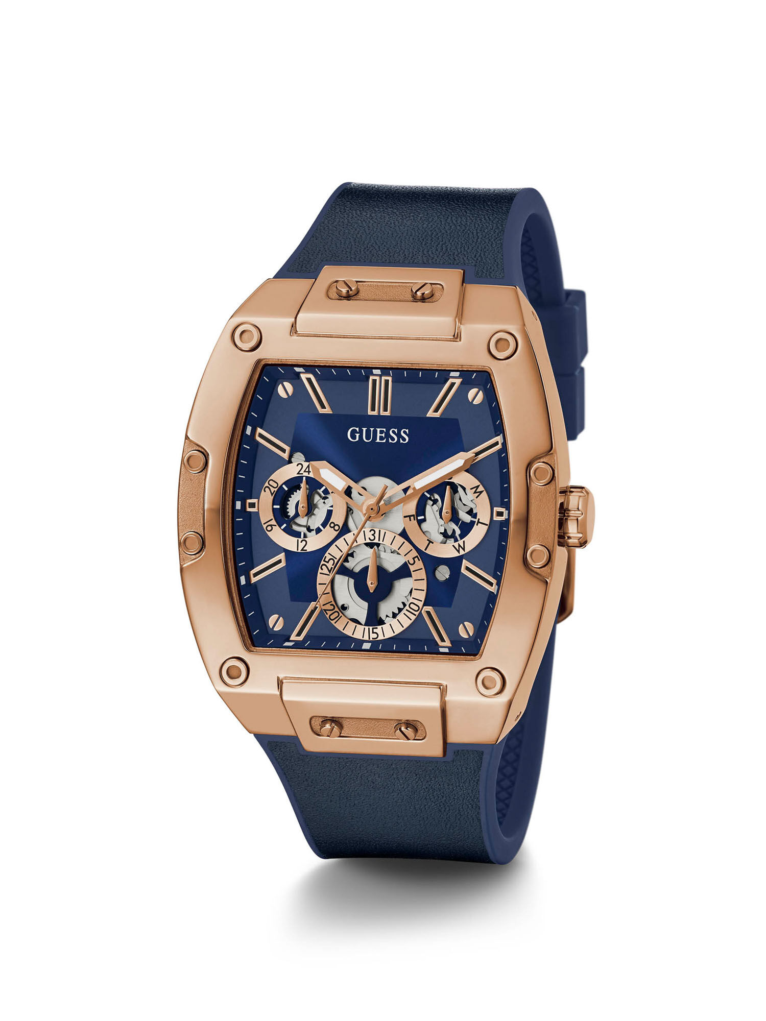 Shop GUESS Online Rose Gold And Blue Rectangular Watch