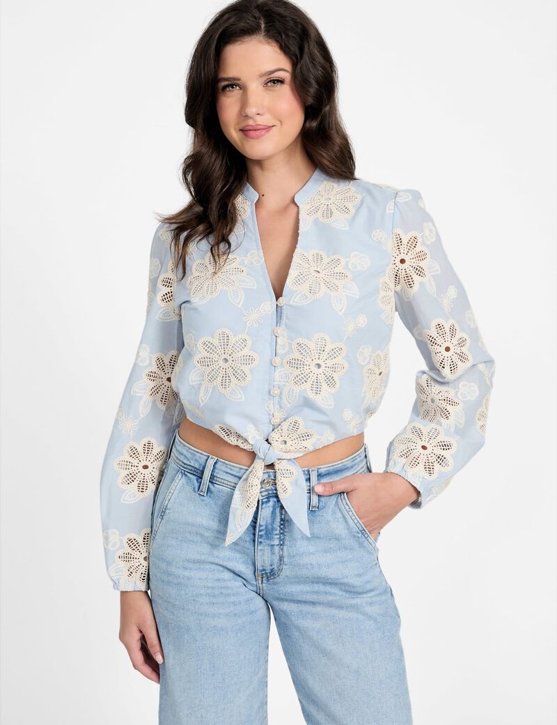 guess embroidered tie front blouse