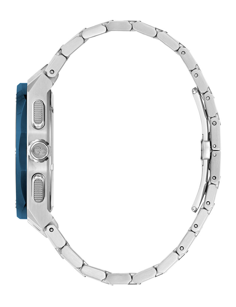 guess swiss mvt p b silver case   bclt blue pvd bezel blue dial chrono  42mm sapphire coated mineral glass
