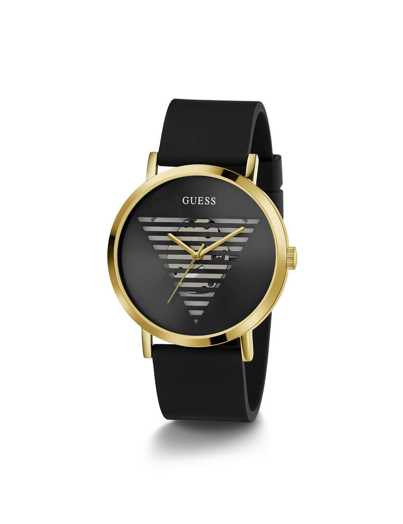 ساعة تناظرية باللونَين الذهبي والأسود مع شعار العلامة