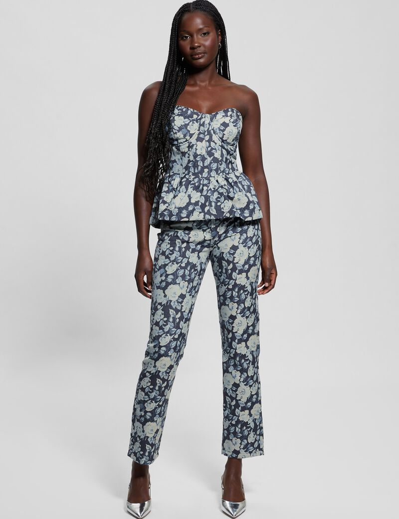 بلوزة من قماش الدنيم الجاكار المزهر