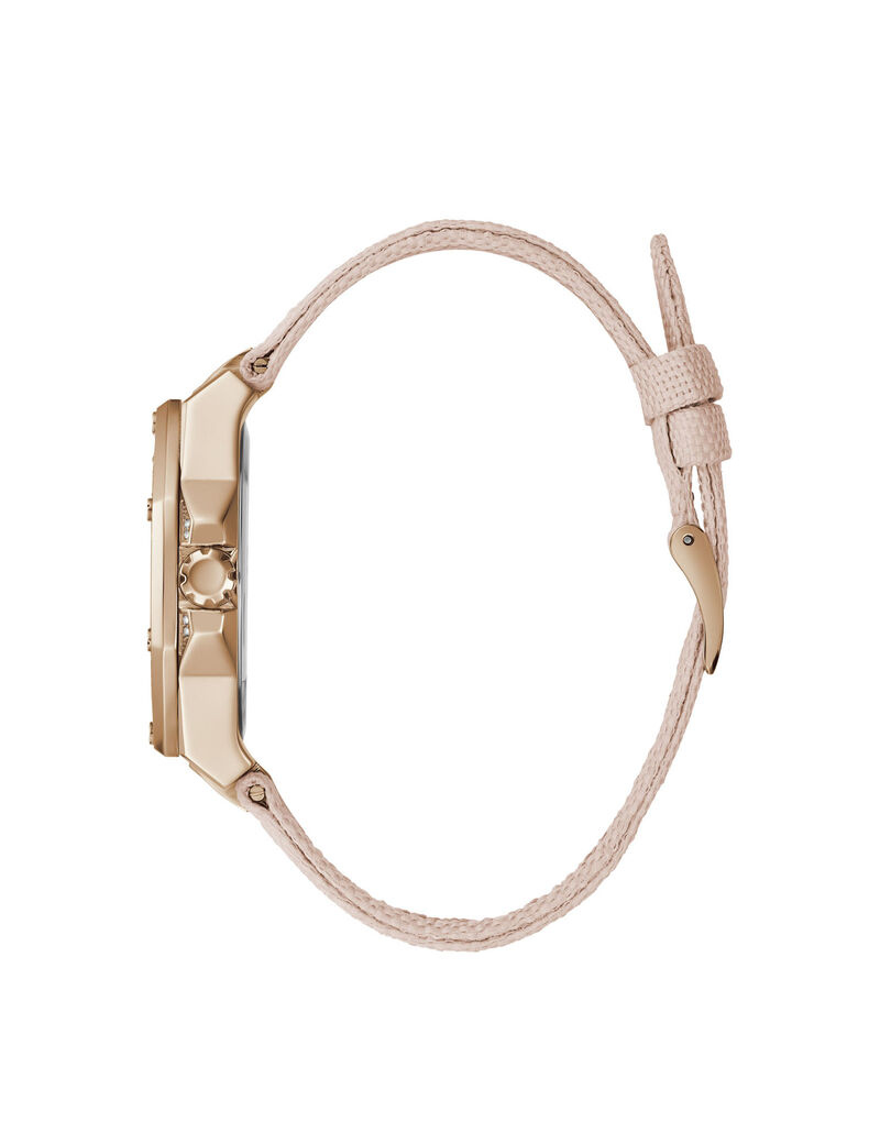 ساعة تناظرية باللونَين الوردي والذهبي الوردي