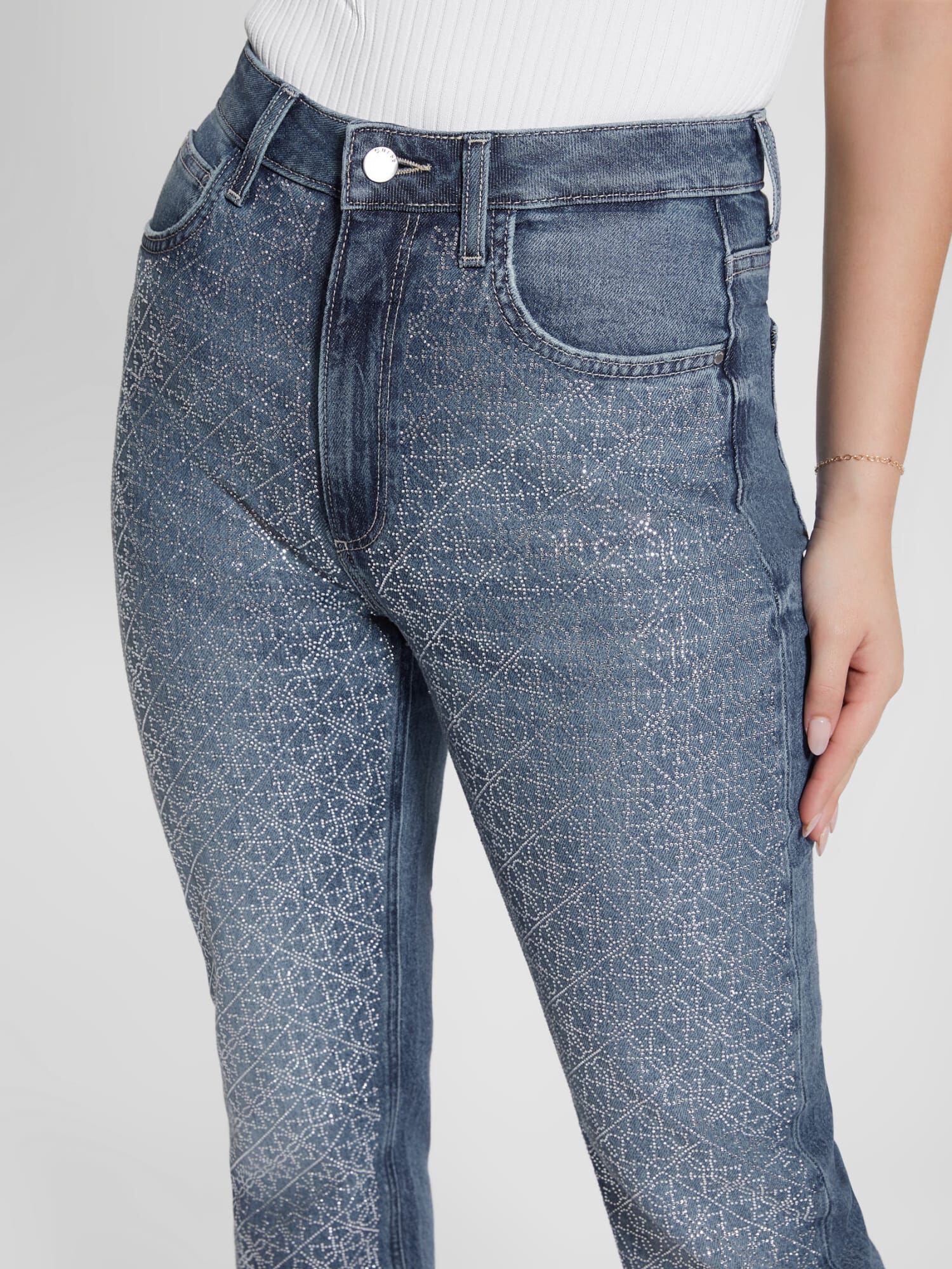 Shop GUESS Online Rhinestones Mom Fit Denim Pant