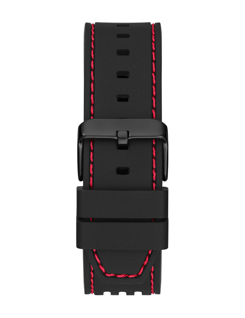 guess blk cs transparent black mf cut thru dial w snake detail blk silicone strp w red stitch