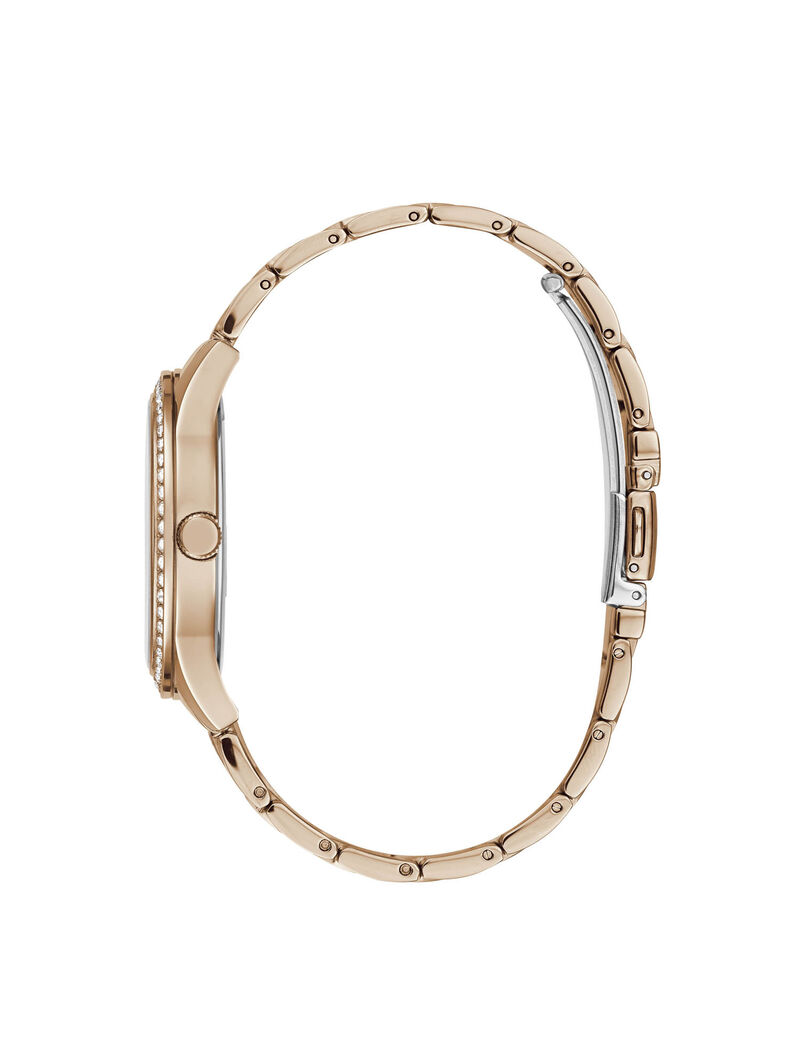 ساعة باللون الذهبي الوردي مُزينة بالشعار