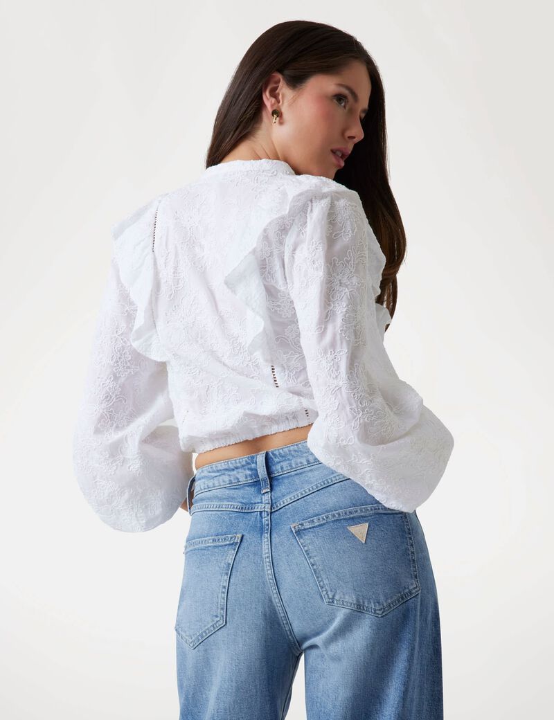 Embroidered tie-front blouse