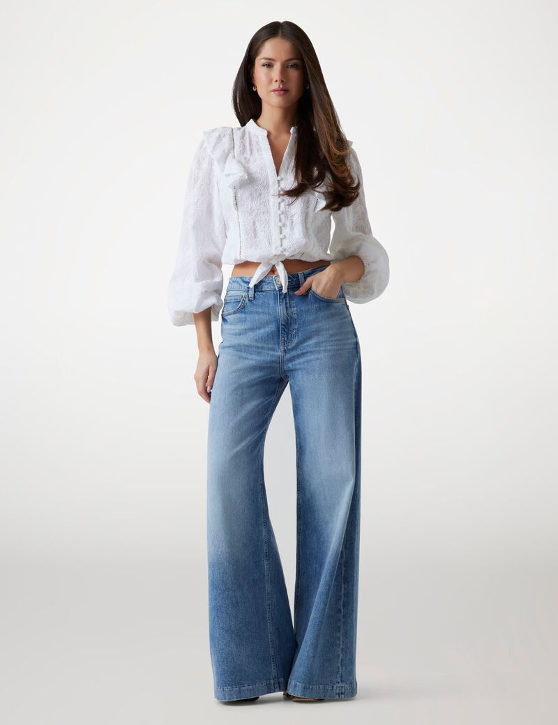 Embroidered tie-front blouse